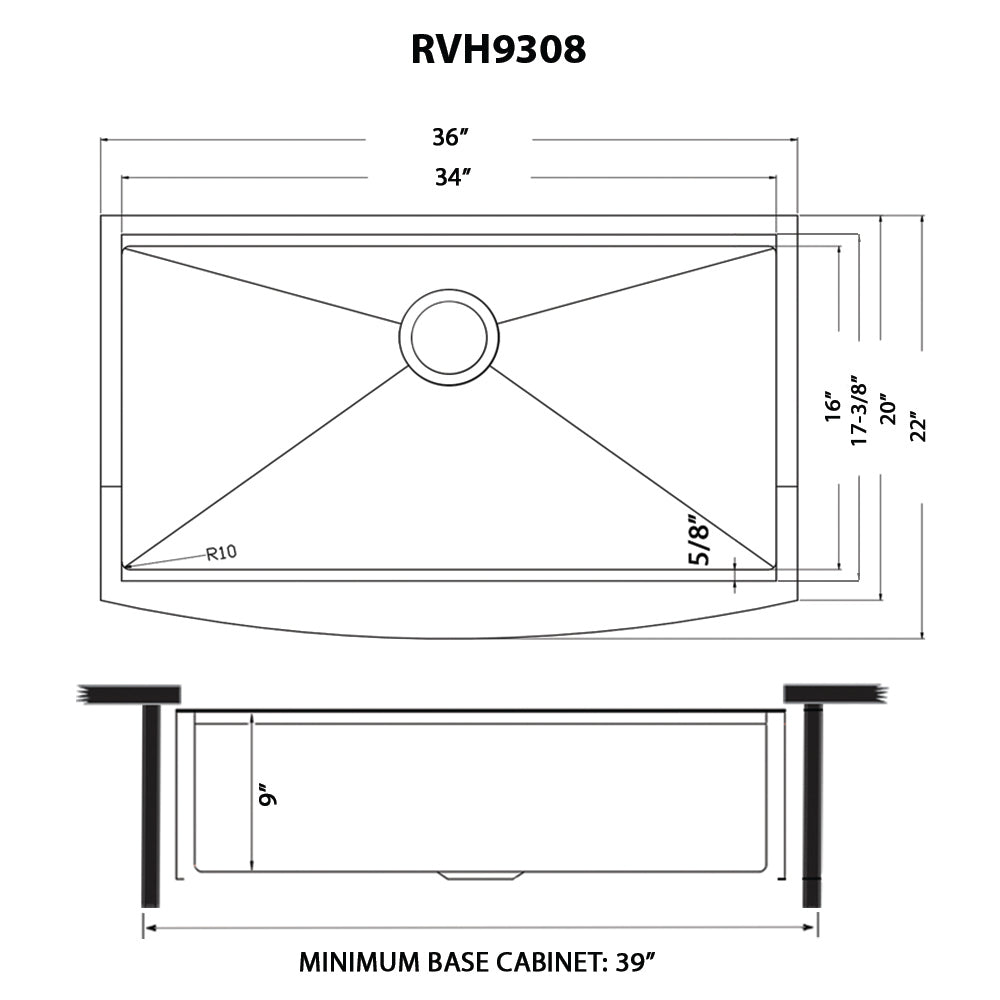 Ruvati Monaco 36" Workstation Stainless Steel Kitchen Sink RVH9308BL dimensions and specifications diagram