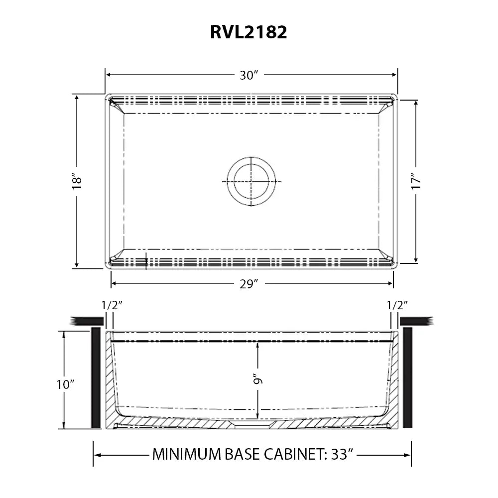 Ruvati 30" Fireclay Workstation Farmhouse Kitchen Sink White - RVL2182WH dimensions drawing with detailed measurements.