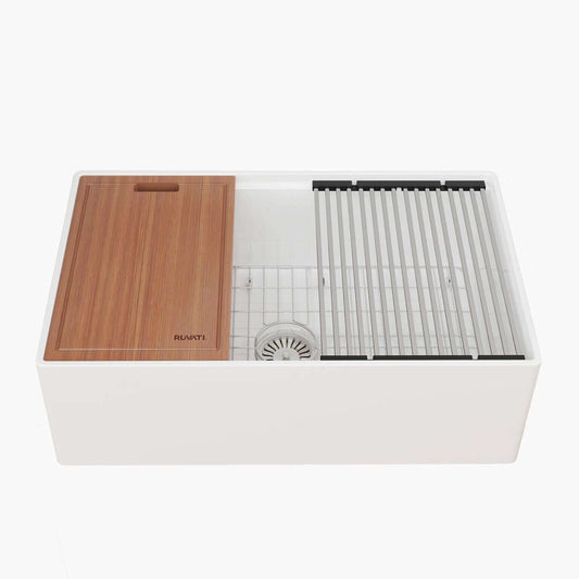 Ruvati 30" Fireclay Workstation Farmhouse Kitchen Sink White - RVL2182WH with bamboo cutting board and accessories