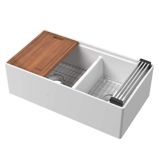 Ruvati 33" Fireclay Workstation Farmhouse Kitchen Sink Double Bowl White - RVL2382WH with bamboo cutting board.