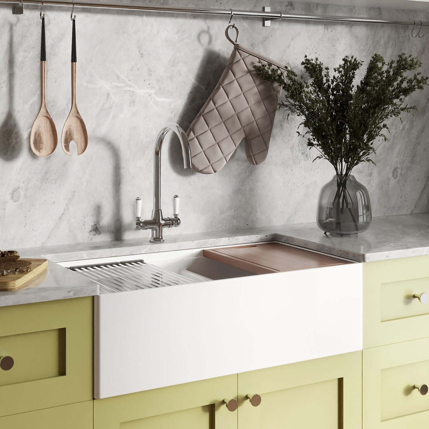 Ruvati 33" Fireclay Workstation Farmhouse Kitchen Sink Double Bowl White - RVL2382WH in a stylish kitchen setup.