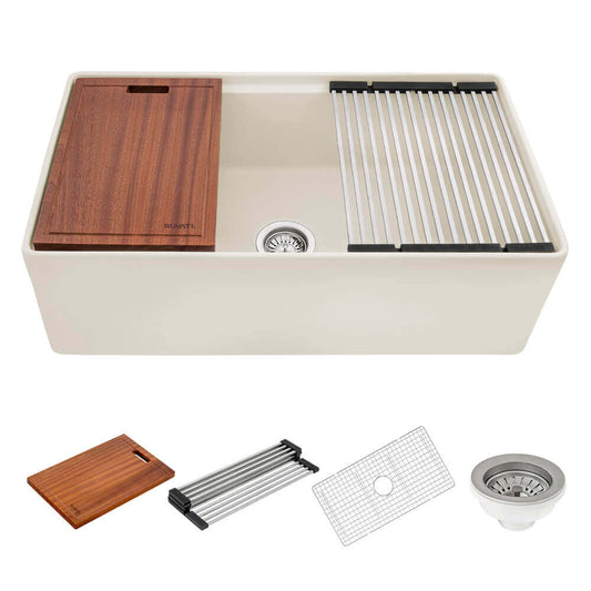Image showing sink and included accessories for Ruvati 33" Fireclay Farmhouse Workstation Sink in Biscuit