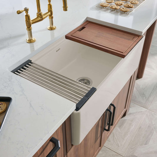 Lifestyle Image of Ruvati 33" Farmhouse Workstation Sink in Biscuit