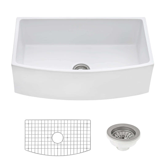 Ruvati 33" Fireclay Bow Front Farmhouse Kitchen Sink - RVL2398 with curved bow front, white finish, grid, and drain assembly.