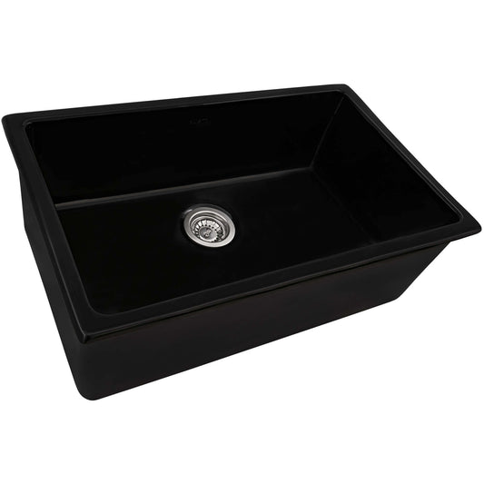 Ruvati 27" Fireclay Dual-Mount Kitchen Sink Single Bowl - RVL2707 in black with a smooth enamel finish and center drain.