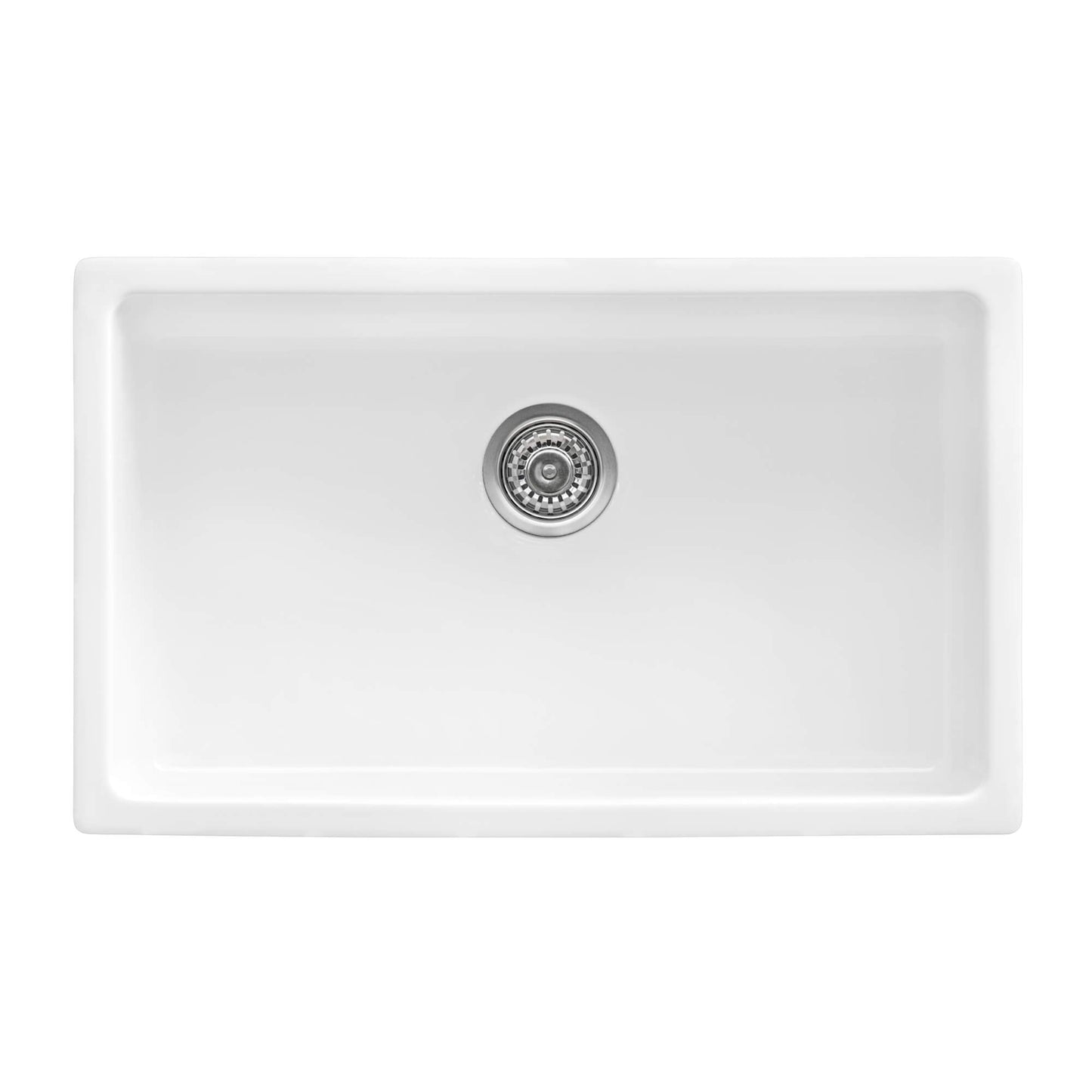 Ruvati 27" Fireclay Dual-Mount Kitchen Sink Single Bowl - RVL2707 in white with a stainless steel drain.