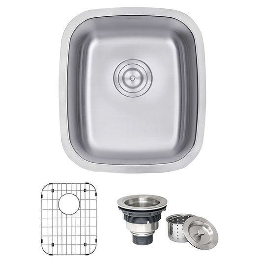 Ruvati 15" Undermount Bar Prep Sink Single Bowl - RVM4110 with accessories including grid and drain assembly.