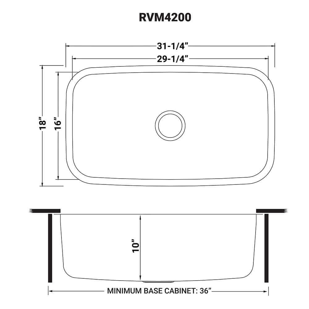 Ruvati 32" Undermount Kitchen Sink Single Bowl - RVM4200 dimensions with 31-1/4" length and 10" bowl depth.