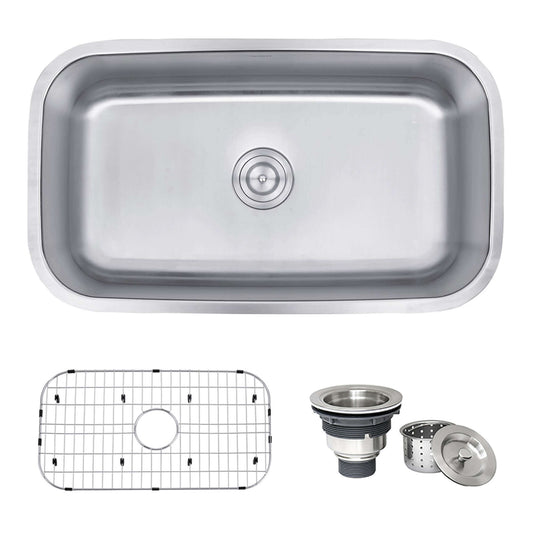 Ruvati 32" Undermount Kitchen Sink Single Bowl - RVM4200 with stainless steel construction and accessories.