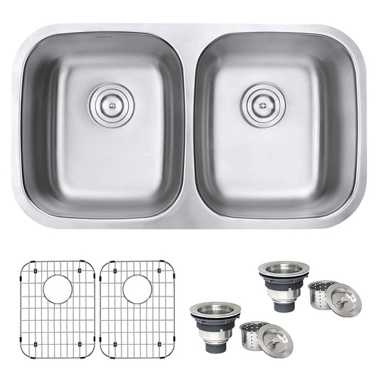 Ruvati 32" Undermount Kitchen Sink 50/50 Double Bowl - RVM4300 with two basins and accessories.