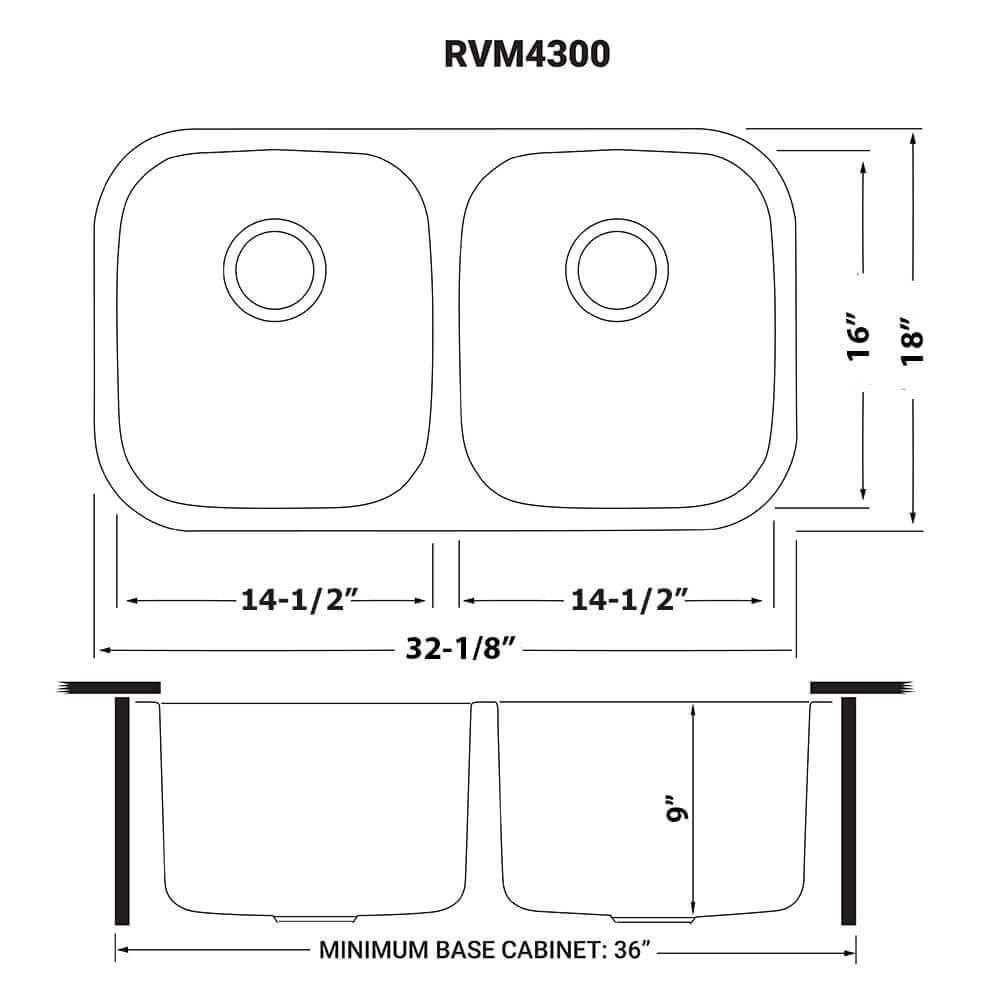 Ruvati 32" Undermount Kitchen Sink 50/50 Double Bowl - RVM4300 dimension diagram with size details.