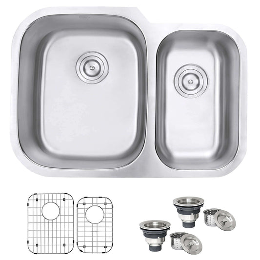 Ruvati 29" Undermount Kitchen Sink 60/40 Double Bowl - RVM4500 with accessories and protective grids.