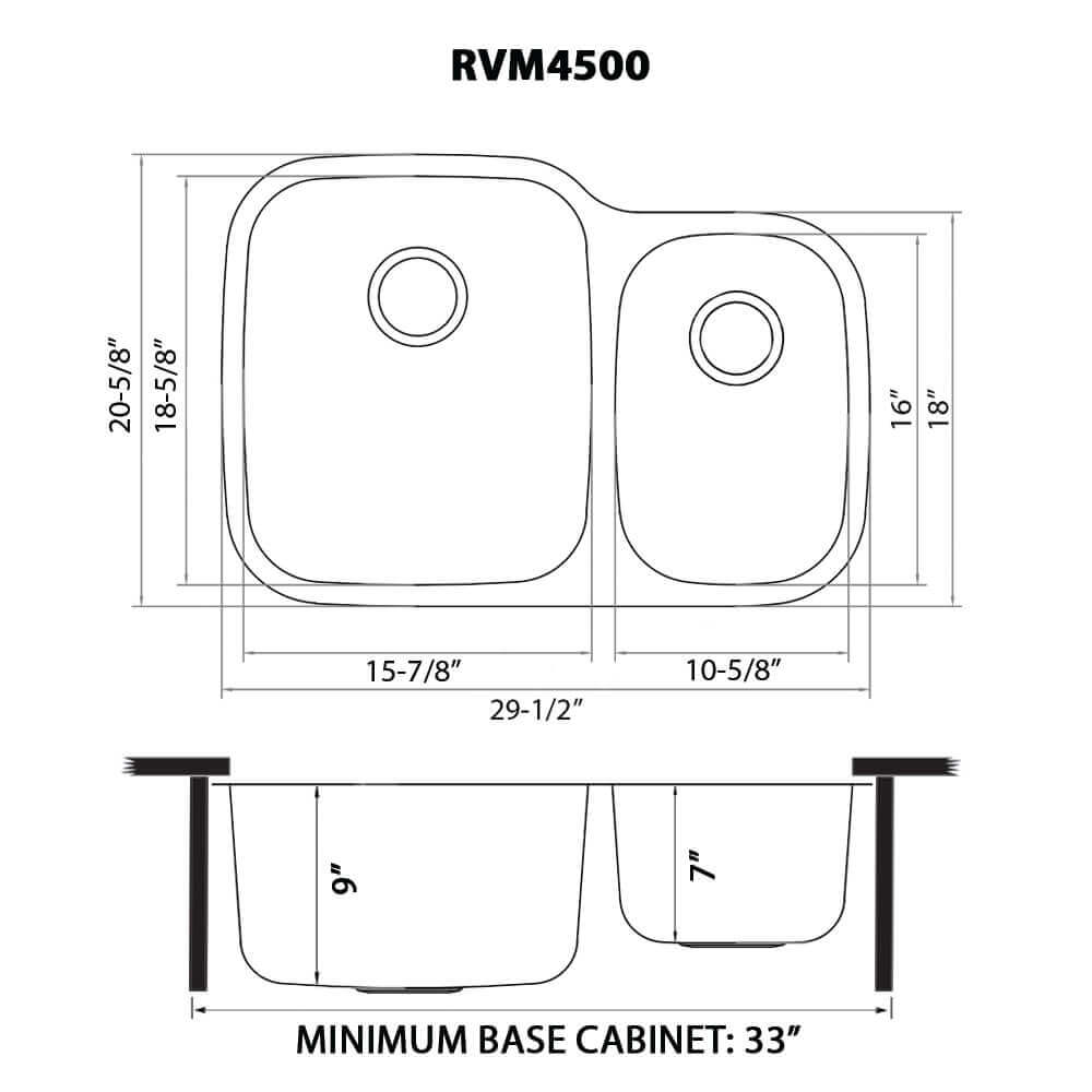 Ruvati 29" Undermount Kitchen Sink 60/40 Double Bowl - RVM4500 dimensions diagram with measurements.