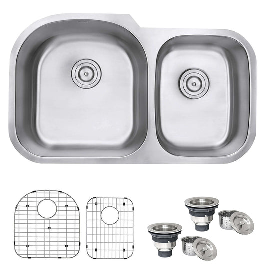 Ruvati 34" Undermount Kitchen Sink 60/40 Double Bowl - RVM4600 with accessories and grids.