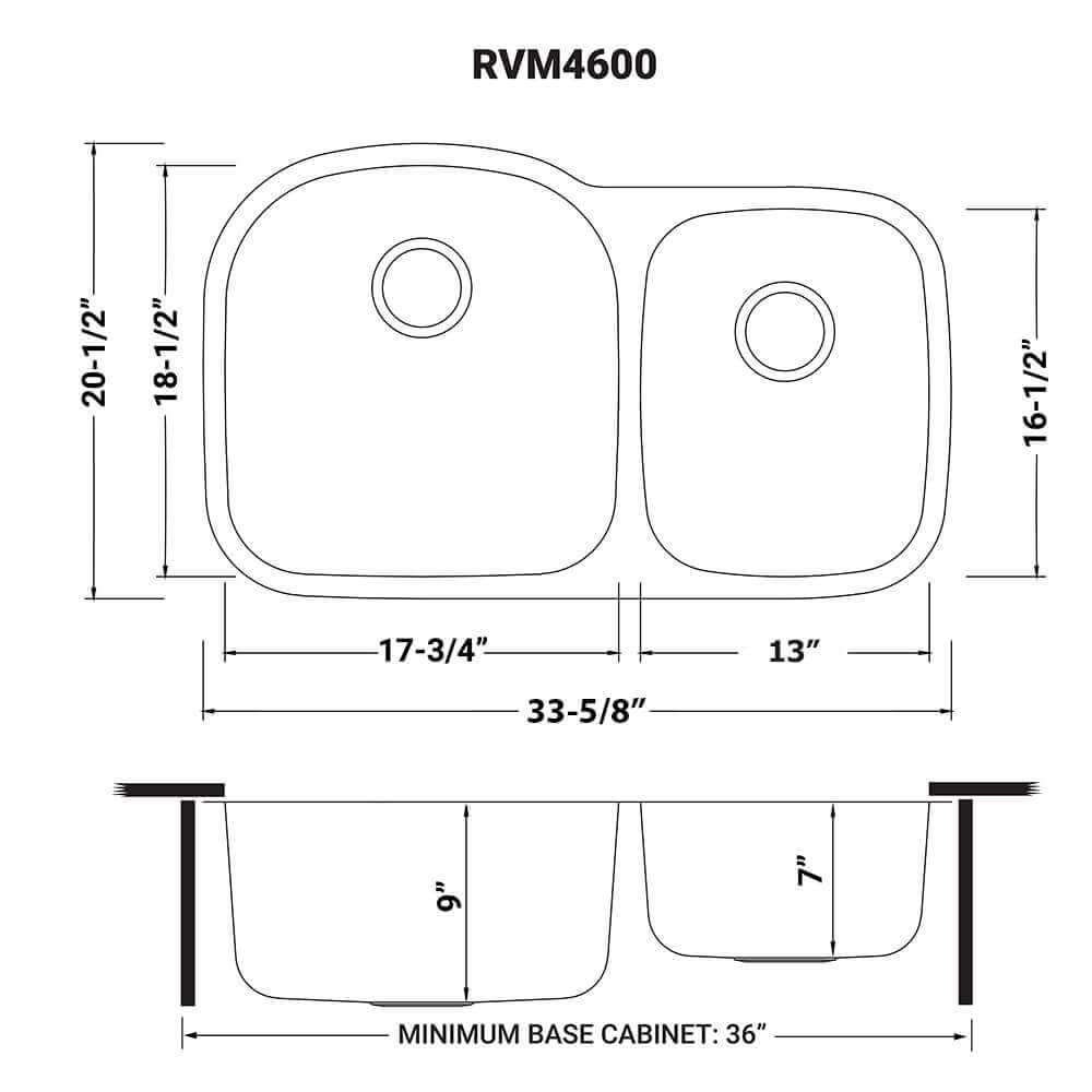 Ruvati 34" Undermount Kitchen Sink 60/40 Double Bowl - RVM4600 dimensions diagram with bowl sizes labeled.