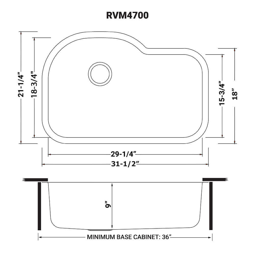 Ruvati 32" Undermount Kitchen Sink Single Bowl - RVM4700 dimensions drawing with measurements of 29-1/4" width and 21-1/4" depth.