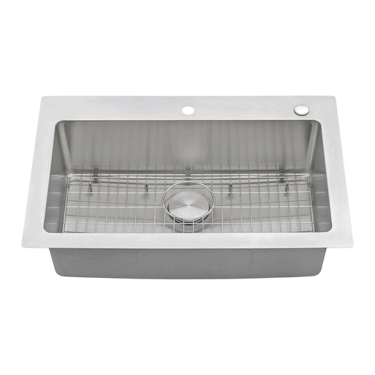 Ruvati 33" Topmount Kitchen Sink Single Bowl - RVM5001 with stainless steel grid and drain cover.