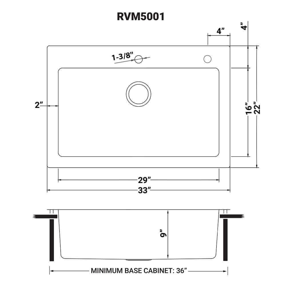 Ruvati 33" Topmount Kitchen Sink Single Bowl - RVM5001 dimensions diagram showing measurements and configuration.