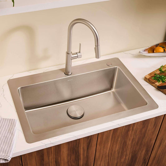 Ruvati 33" Topmount Kitchen Sink Single Bowl - RVM5001 with modern faucet in a stylish kitchen setting.