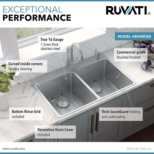 Ruvati 33" Topmount Kitchen Sink 50/50 Double Bowl - RVM5150 featuring true 16 gauge stainless steel design.
