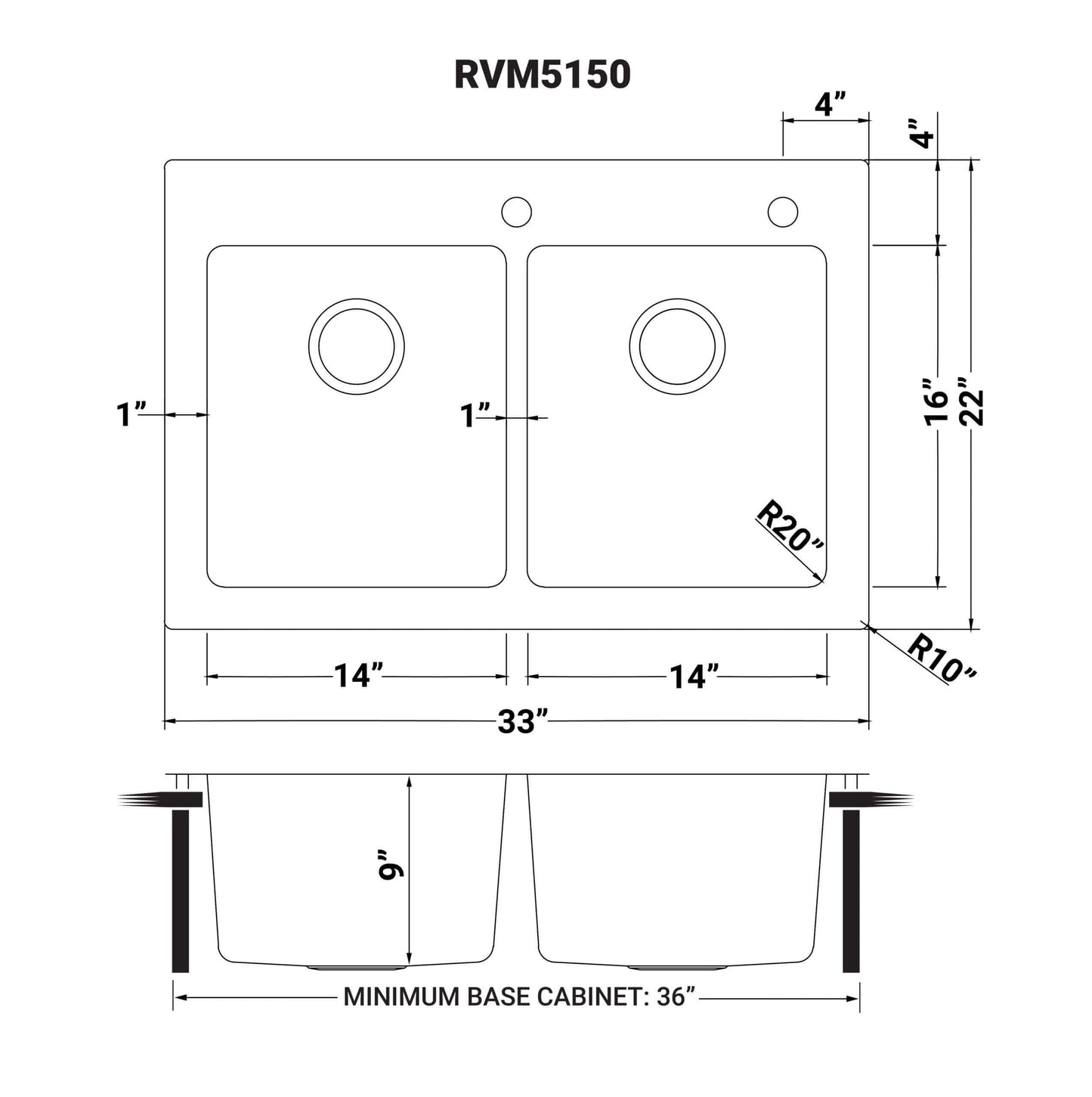Ruvati 33" Topmount Kitchen Sink 50/50 Double Bowl - RVM5150 dimensions diagram with detailed measurements.