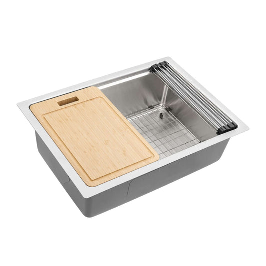 Ruvati 27" Undermount Workstation Kitchen Sink Single Bowl - RVM5227 with bamboo cutting board and drying rack.