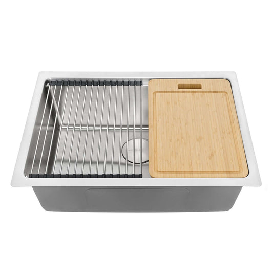 Ruvati 27" Undermount Workstation Kitchen Sink Single Bowl - RVM5227 with bamboo cutting board and drying rack.