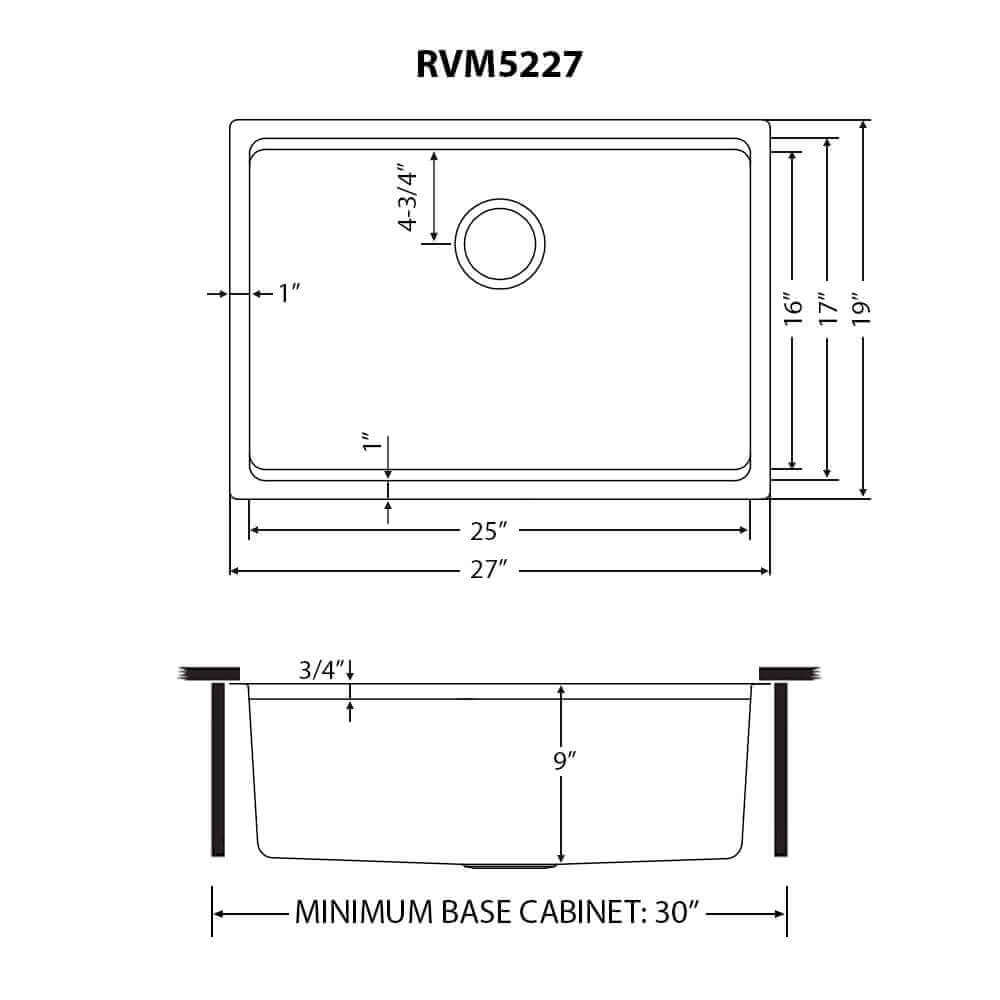Ruvati 27" Undermount Workstation Kitchen Sink Single Bowl - RVM5227 dimensions diagram with detailed specifications.