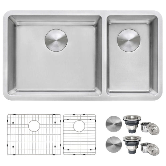 Ruvati 32" Undermount Kitchen Sink 70/30 Double Bowl - RVM5300 with accessories and sink grids.