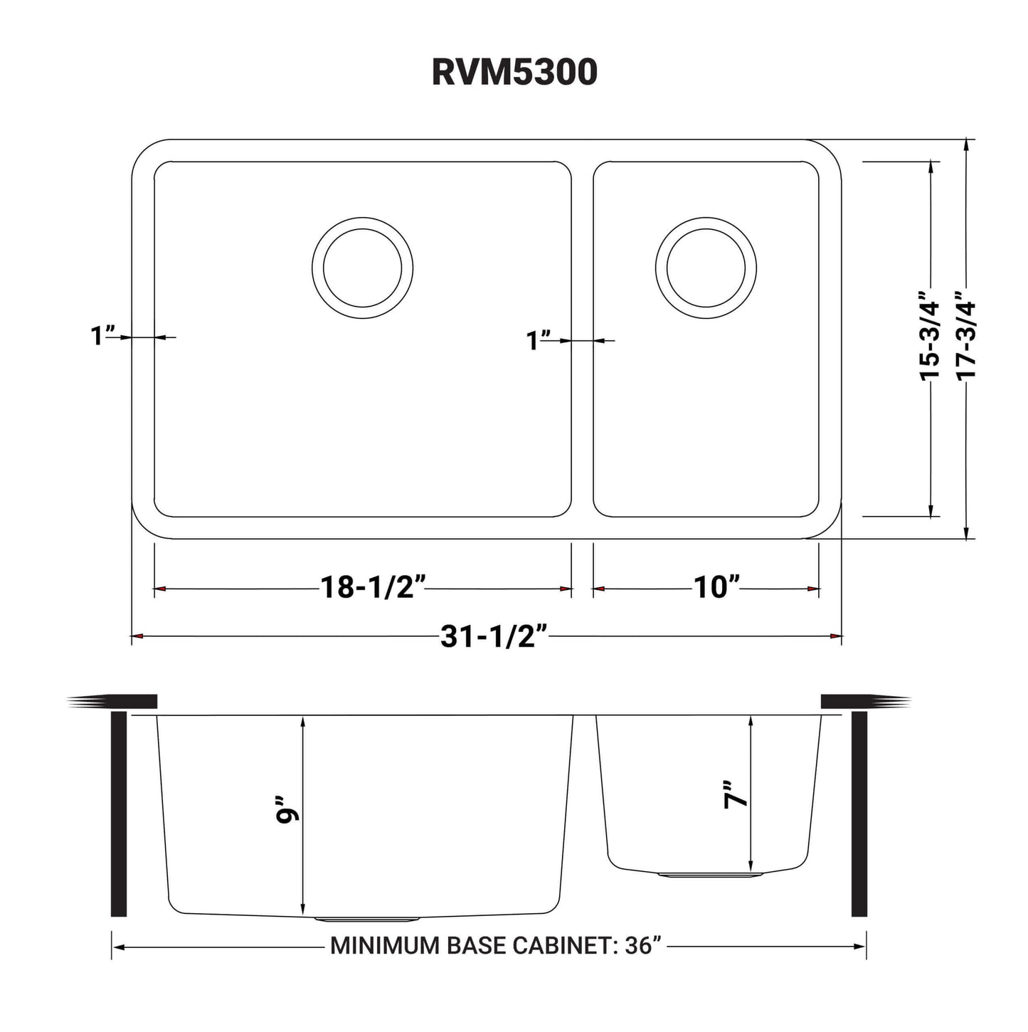 Ruvati 32" Undermount Kitchen Sink 70/30 Double Bowl - RVM5300 dimensions diagram showing bowl sizes and layout.