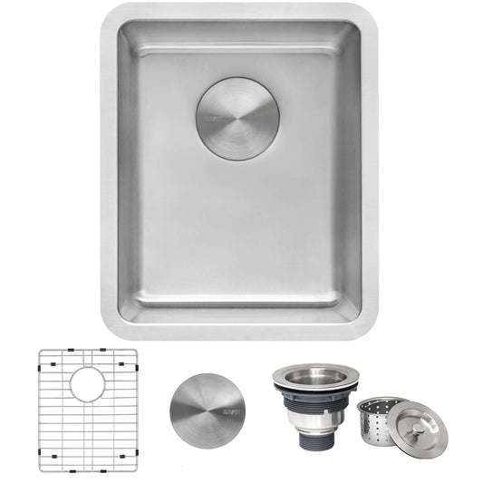 Ruvati 15" Undermount Bar Prep Kitchen Sink Single Bowl - RVM5815 with grid and drain components.