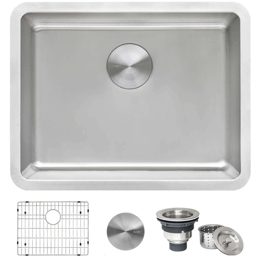 Ruvati 23" Undermount Bar Prep Kitchen Sink Single Bowl - RVM5908 with accessories including grid and strainer.