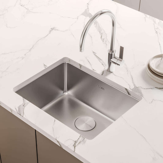 Ruvati 23" Undermount Bar Prep Kitchen Sink Single Bowl - RVM5908 installed on marble countertop with modern faucet.