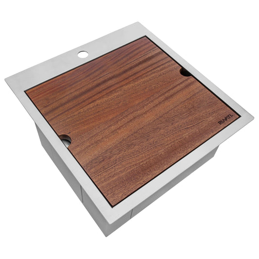 Ruvati 21" Deep Laundry Utility Workstation Sink Topmount - RVU6421 with walnut look top and stainless steel base.