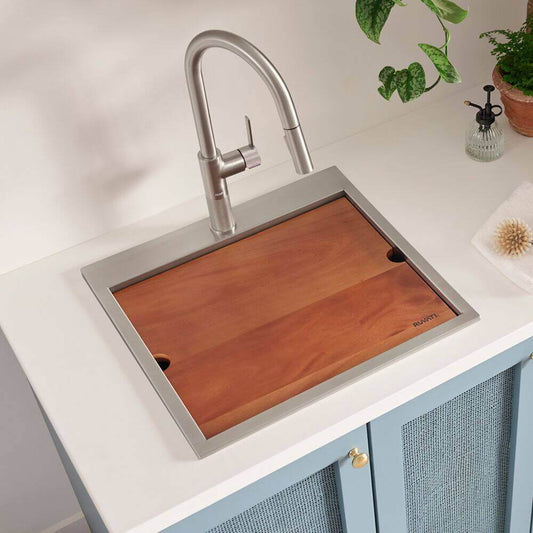 Ruvati 21" Deep Laundry Utility Workstation Sink Topmount - RVU6421 with a sleek design and wooden cutting board insert.