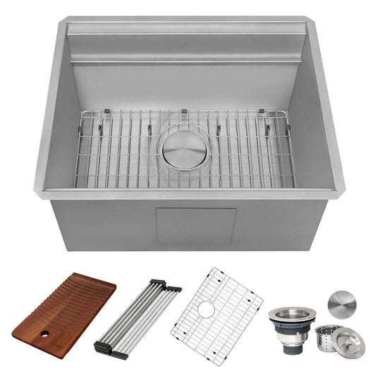 Ruvati 23" Deep Laundry Workstation Sink with Washboard - RVU6525 featuring washing accessories and removable grid.