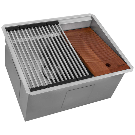 Ruvati 23" Deep Laundry Workstation Sink with Washboard - RVU6525 featuring stainless steel and wood accessories.