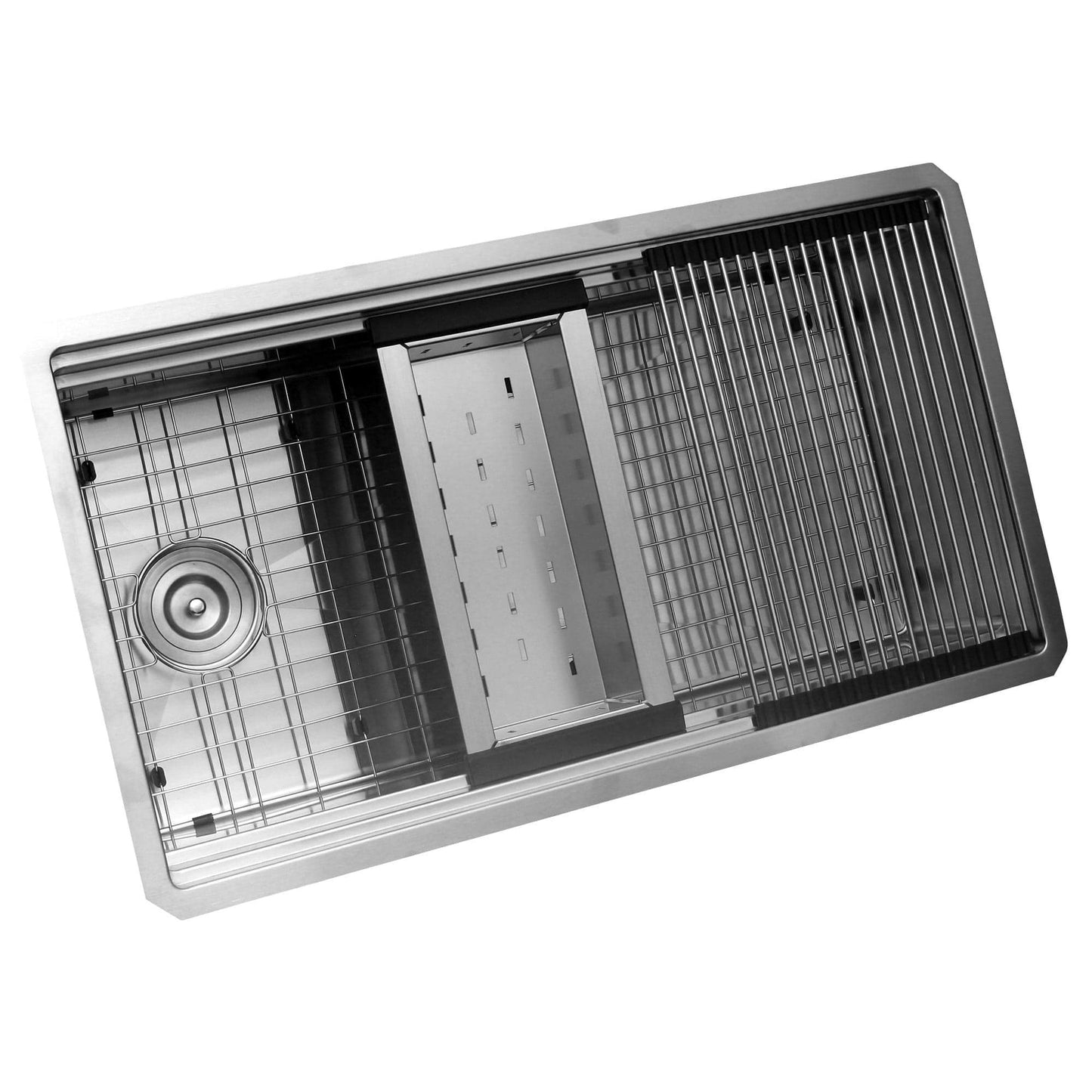 Front view of Nantucket 32" Small Radius Pro Series Prep Station Single Bowl Undermount Stainless Steel Kitchen Sink with Compatible Accessories - SR-PS-3220-OSD.