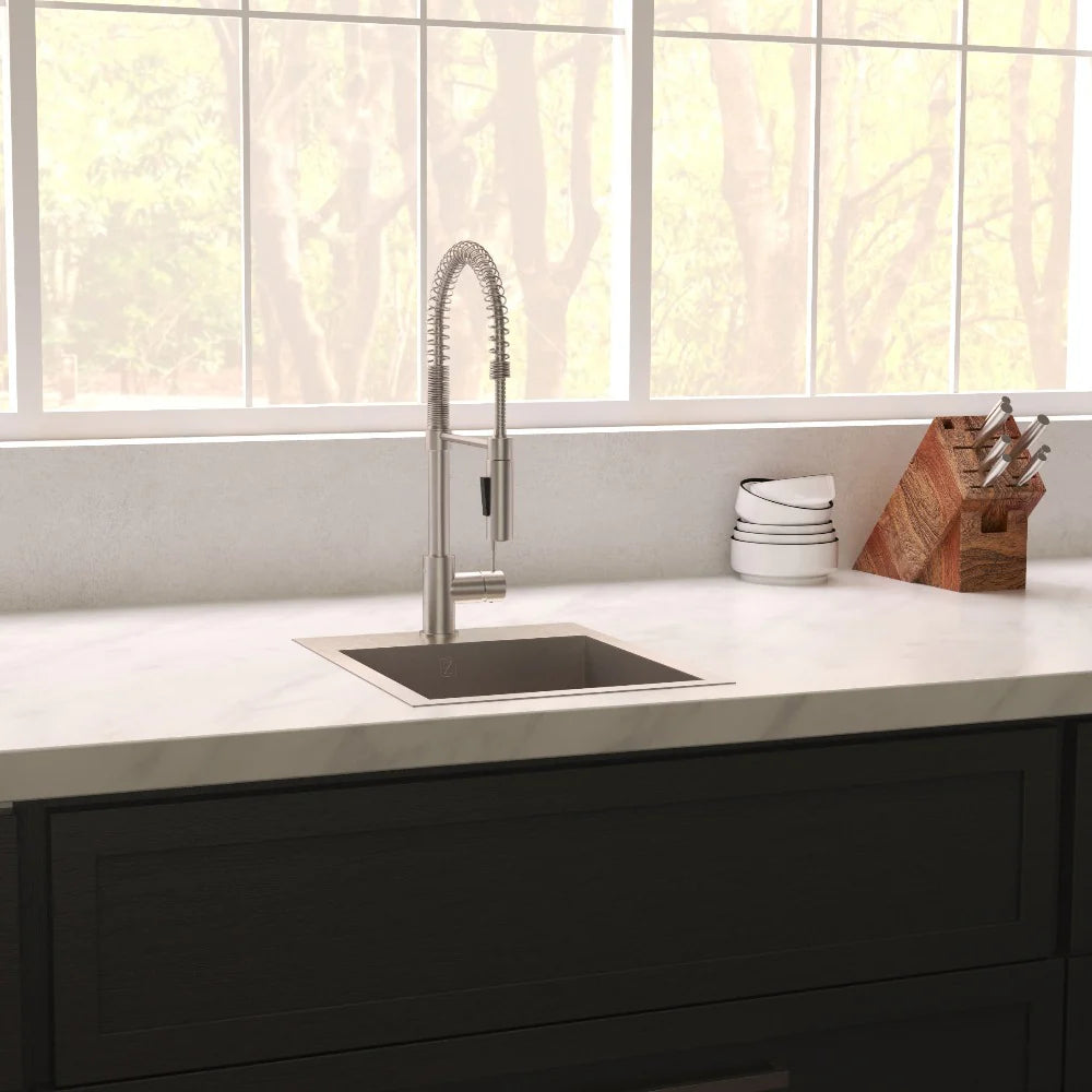 ZLINE Donner 15" Topmount Single Bowl Bar Sink in Stainless Steel (STS-15) installed in modern kitchen setting.