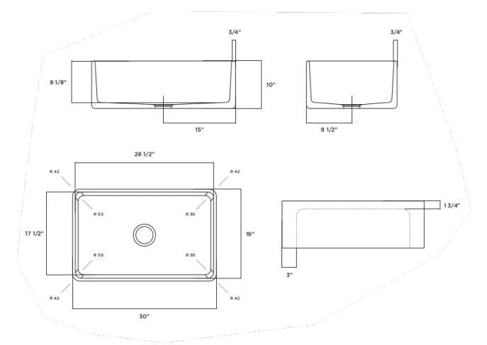 Technical drawing of LaToscana 30" Fireclay Farmhouse Sink LTW3019W showing dimensions and design details.