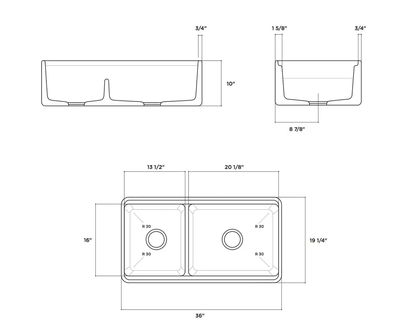 Latoscana 36" Reversible Fireclay Double Bowl 60:40 Farmhouse Sink with Accessory Ledge dimensions diagram