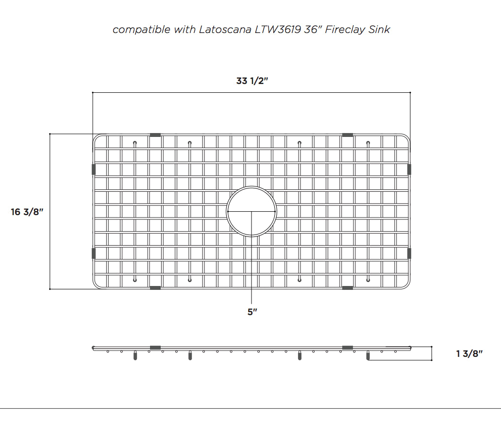 Latoscana Stainless Steel Grid for 36" Fireclay Farmhouse Sink - SSG-LTW3619 top view dimensions with compatible measures.
