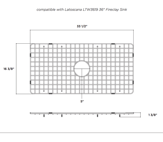 Latoscana Stainless Steel Grid for 36" Fireclay Farmhouse Sink - SSG-LTW3619 top view dimensions with compatible measures.