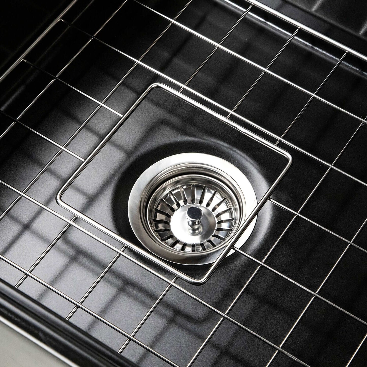 Nantucket 30" Workstation Fireclay Apron Sink Side Drain - T-PS30MB with stainless steel drain and grid.