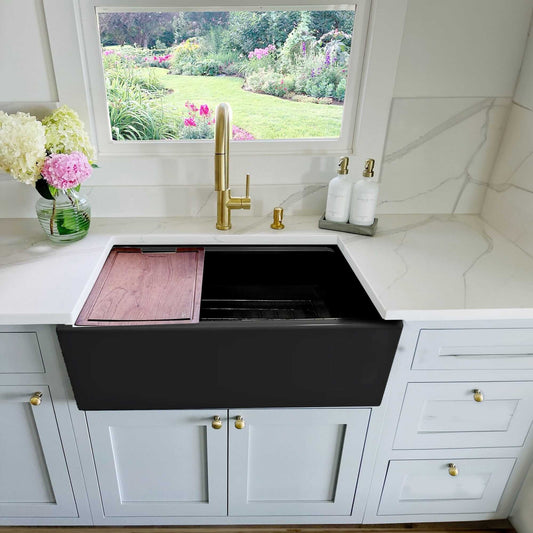 Nantucket 30" Workstation Fireclay Apron Sink Side Drain - T-PS30MB in a modern kitchen with elegant design.