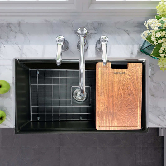 Nantucket Sinks 33" Workstation Fireclay Apron Sink with Accessories - T-PS33MB in a modern kitchen setting.