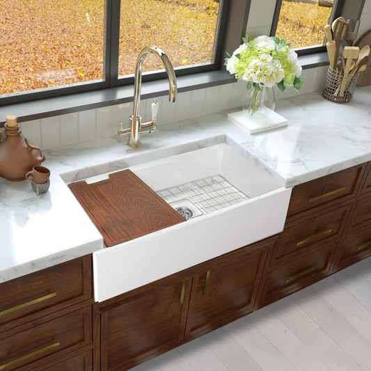 Nantucket Sinks 33" Workstation Fireclay Apron Sink with Accessories - T-PS33W showcased in modern kitchen setting.