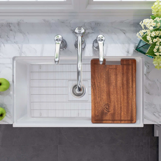 Nantucket Sinks 33" Workstation Fireclay Apron Sink with Accessories - T-PS33W featuring a wooden cutting board.