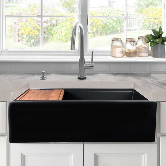 Nantucket T-PS36MB matte black workstation sink lifestyle view with cutting board and accessories