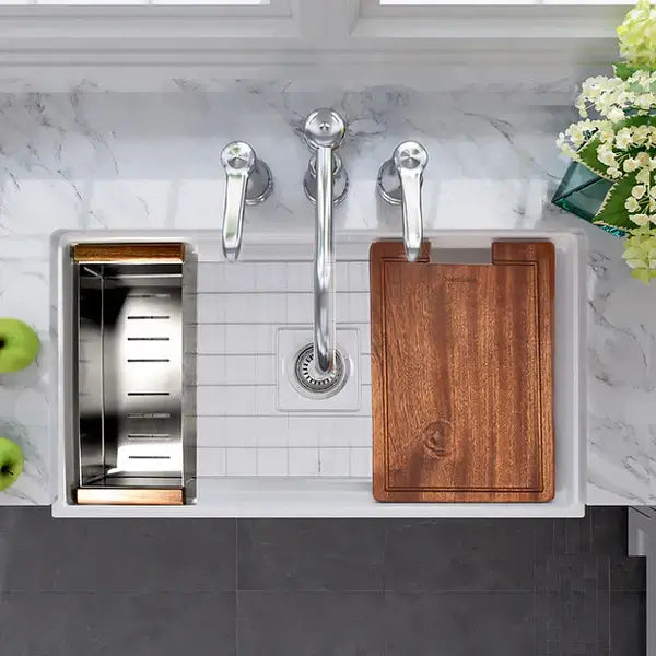 Nantucket Sinks Colander for T-PS Series Fireclay and Wellfleet Sinks - Stainless in a kitchen workstation setup.